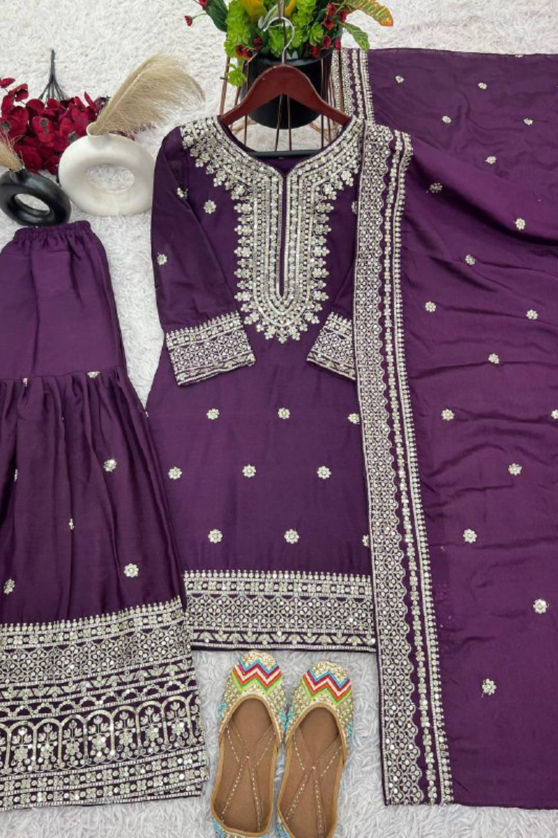 Sharara Dupatta Set in Purple Pure Heavy Chinnon Embroidered