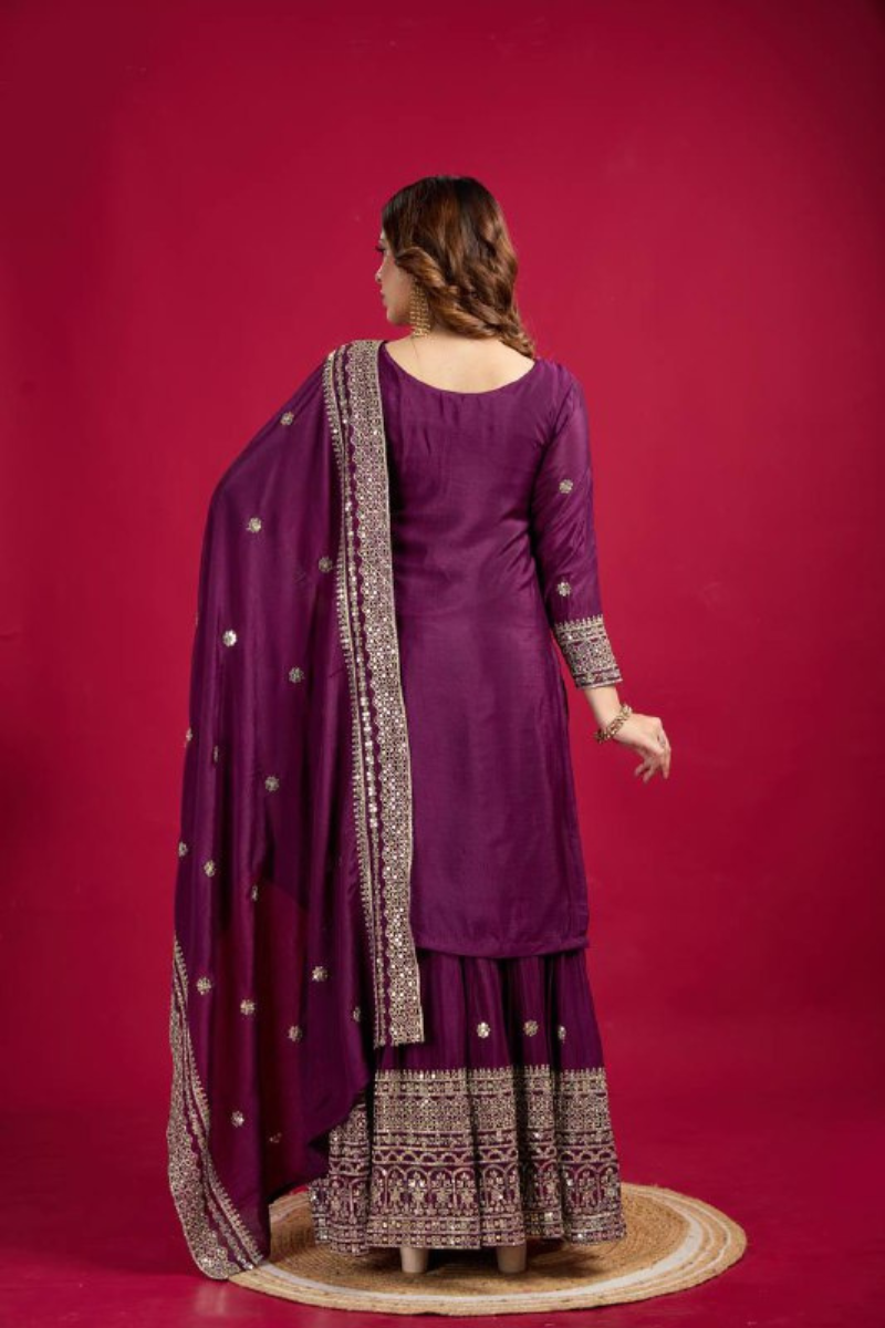 Sharara Dupatta Set in Purple Pure Heavy Chinnon Embroidered