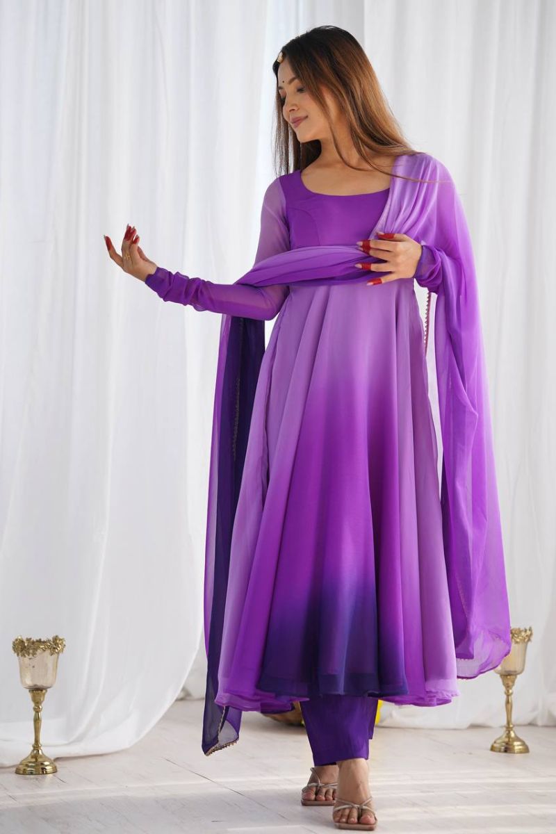 Chanderi Anarkali Pant Dupatta Set in Purple Romansilk