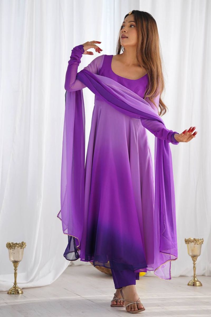 Chanderi Anarkali Pant Dupatta Set in Purple Romansilk