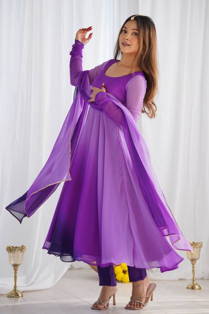 Chanderi Anarkali Pant Dupatta Set in Purple Romansilk