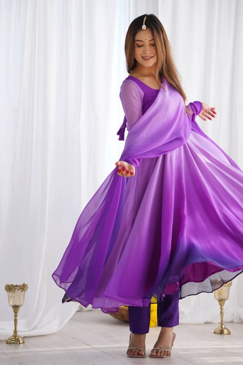 Chanderi Anarkali Pant Dupatta Set in Purple Romansilk