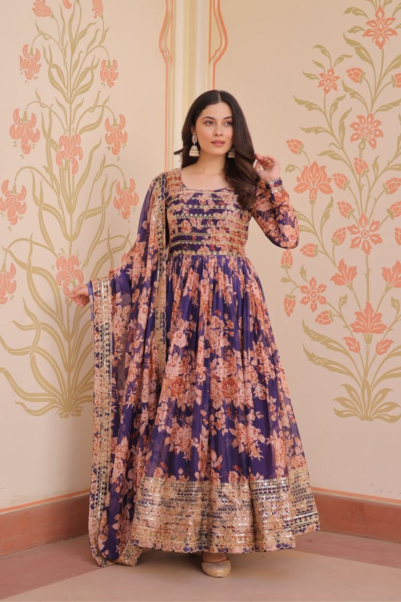 Rich Digital Print Purple Russian Silk Gown with Dupatta