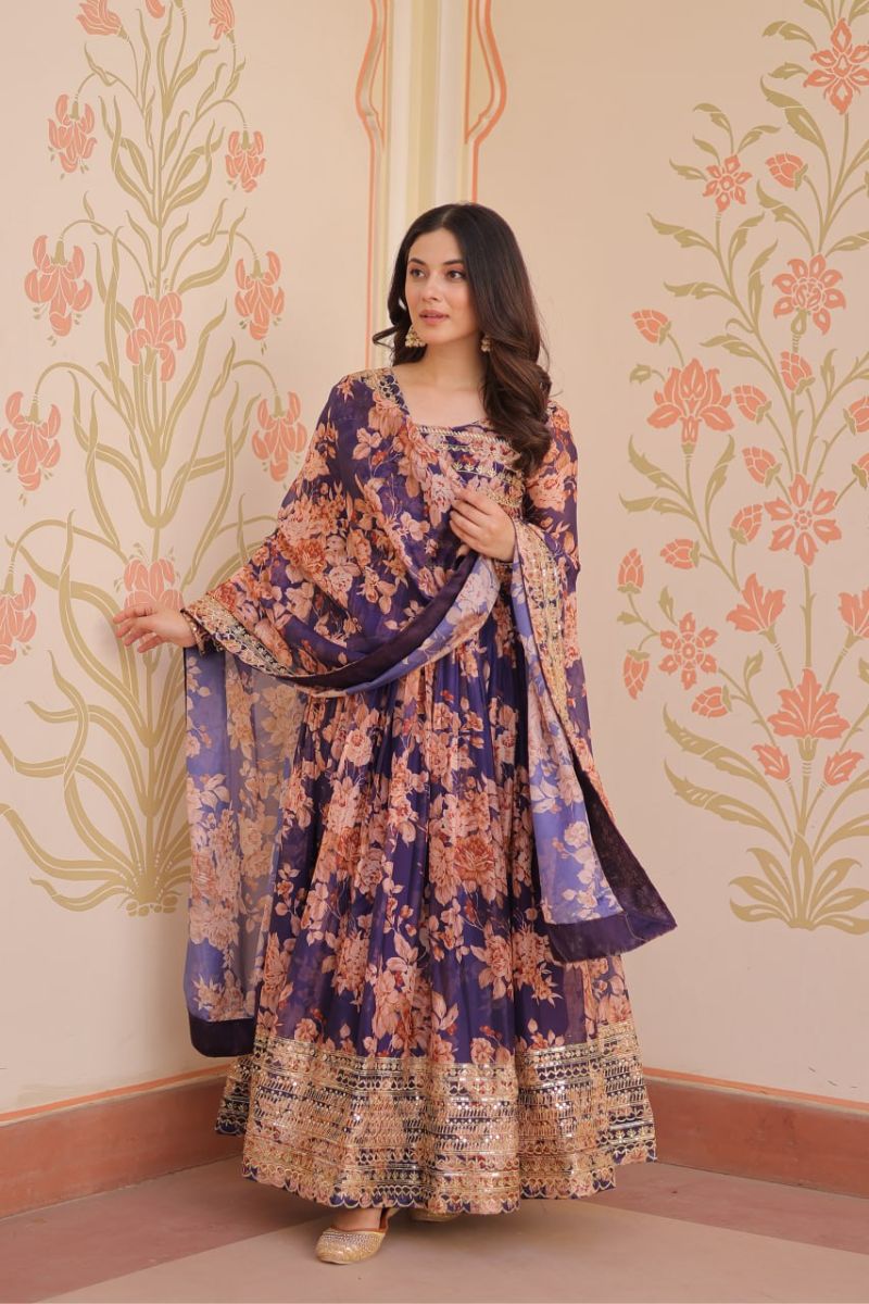 Rich Digital Print Purple Russian Silk Gown with Dupatta
