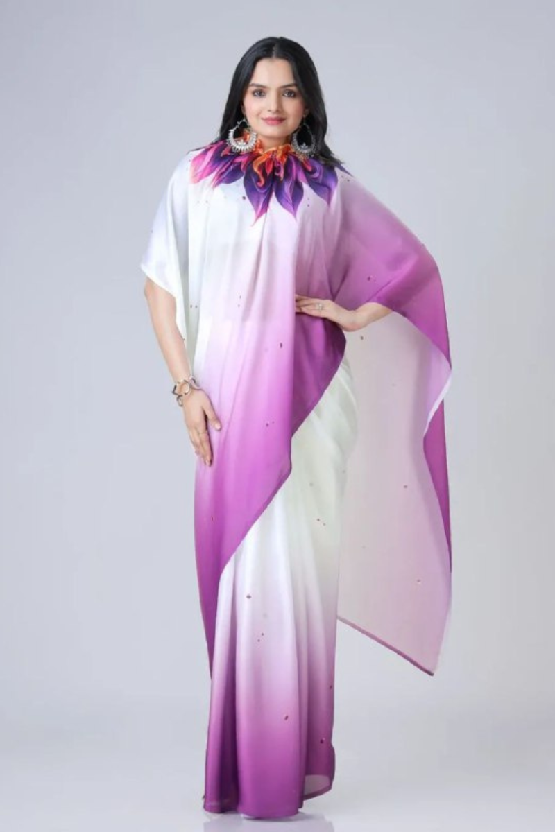Digital Printing of Purple Satin Creap Silk Saree