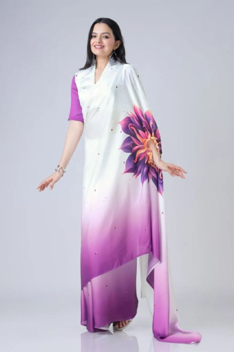 Digital Printing of Purple Satin Creap Silk Saree