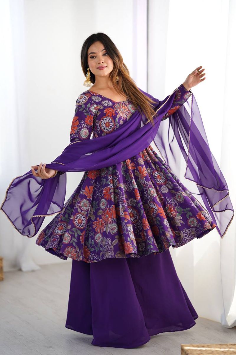 The Chanderi Sharara Dupatta Suit Set in Purple Soft Romansilk