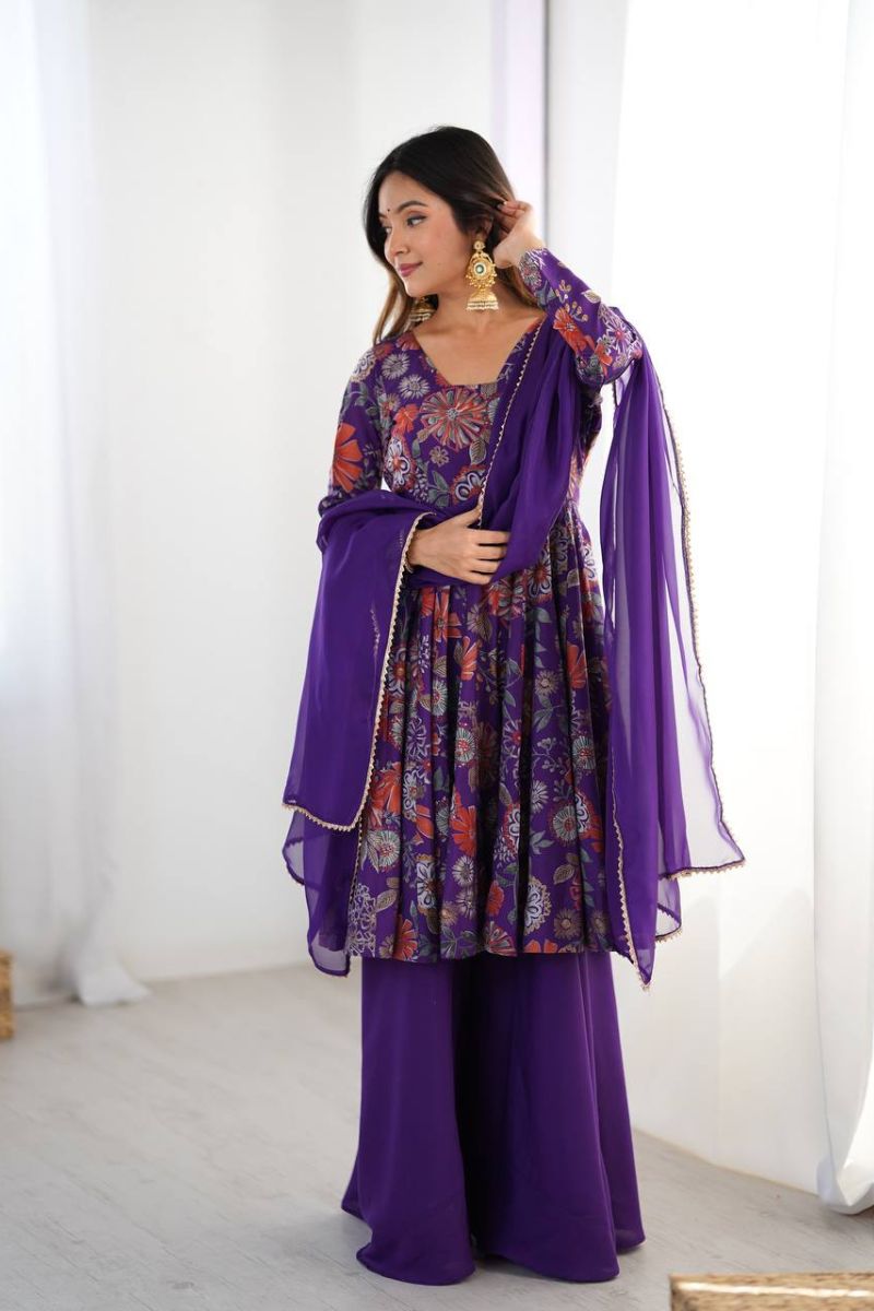 The Chanderi Sharara Dupatta Suit Set in Purple Soft Romansilk