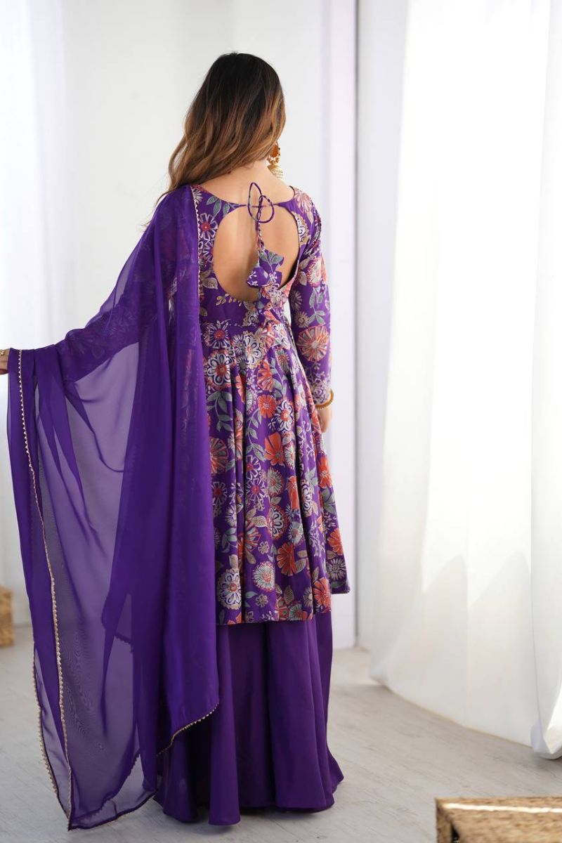 The Chanderi Sharara Dupatta Suit Set in Purple Soft Romansilk