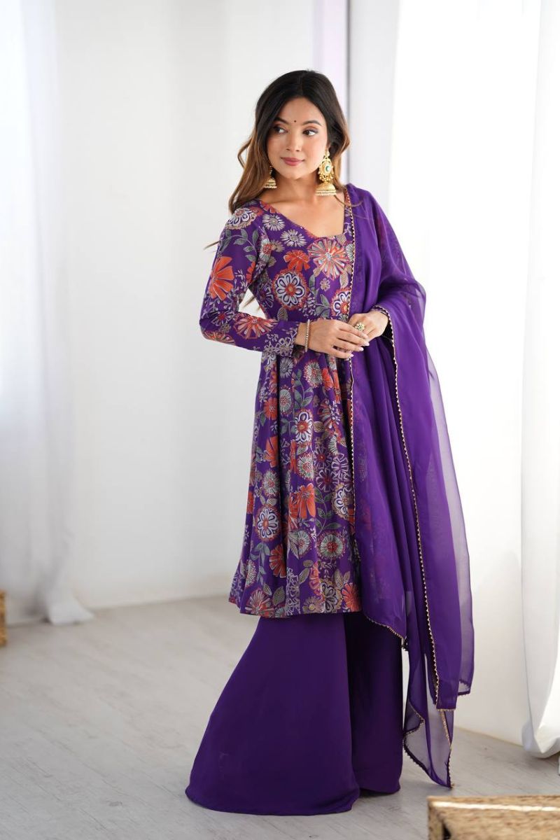 The Chanderi Sharara Dupatta Suit Set in Purple Soft Romansilk