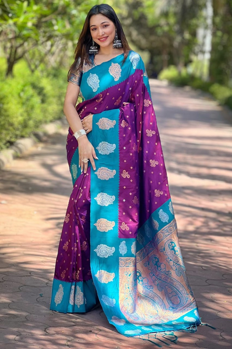 Rose gold-patterned purple soft silk Paithani saree