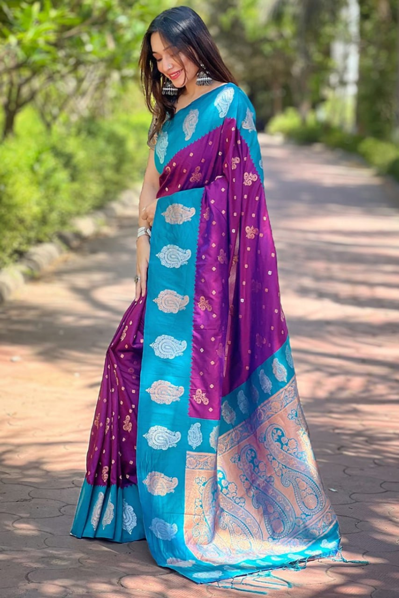 Rose gold-patterned purple soft silk Paithani saree