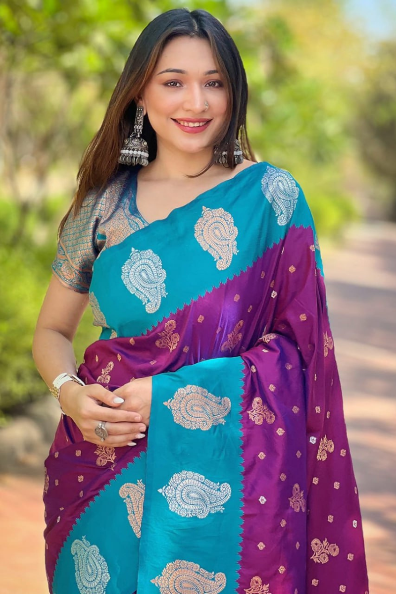 Rose gold-patterned purple soft silk Paithani saree