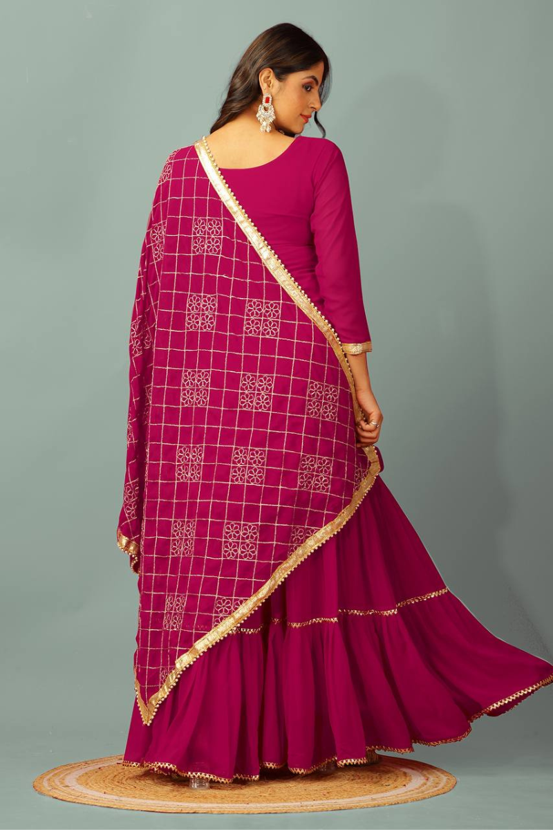 Three-piece embroidered kurta dupatta suit set in faux georgette