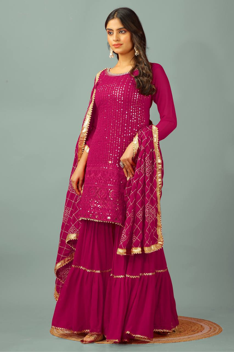 Three-piece embroidered kurta dupatta suit set in faux georgette