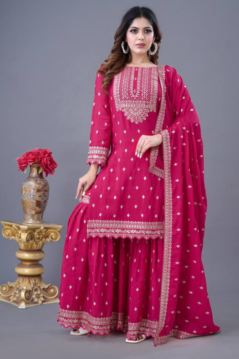 Three-piece embroidered kurta dupatta suit set in pink heavy chinon silk