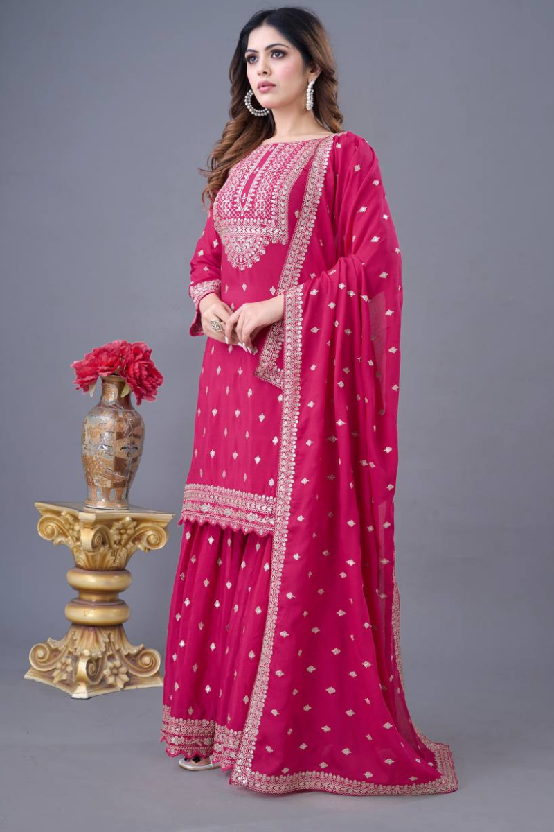Three-piece embroidered kurta dupatta suit set in pink heavy chinon silk