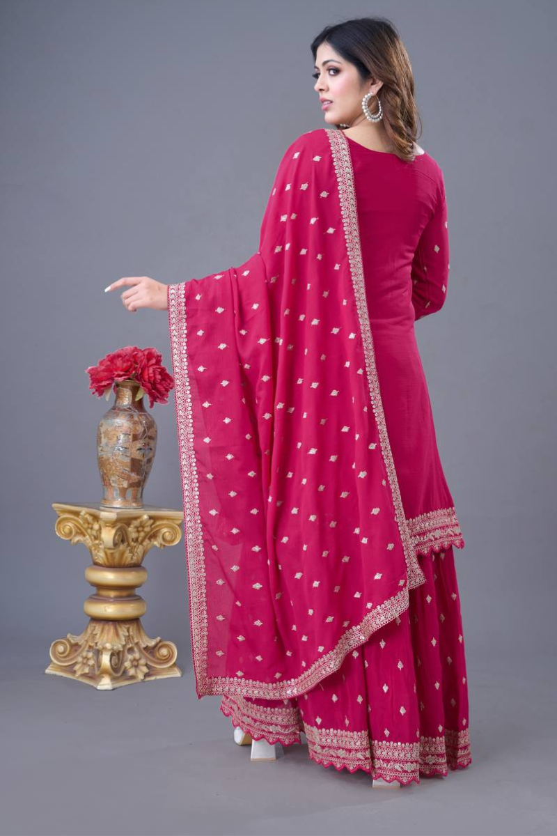 Three-piece embroidered kurta dupatta suit set in pink heavy chinon silk