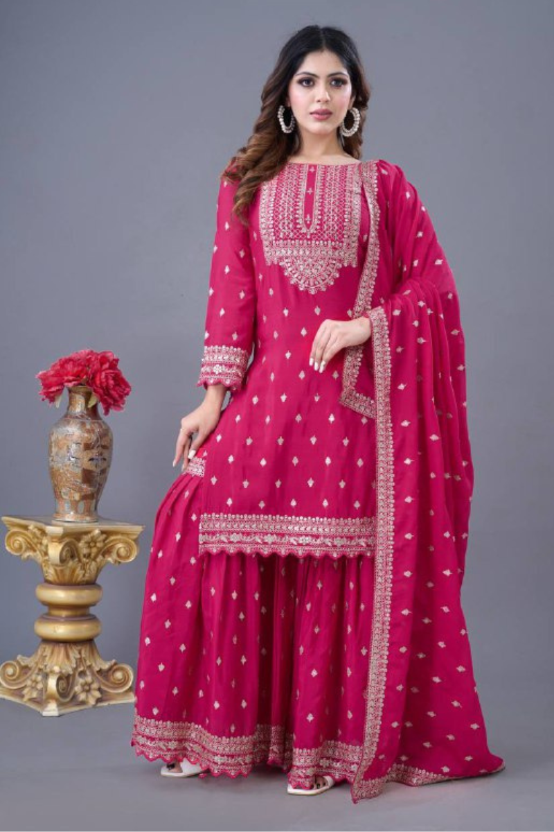 Embroidered Rani Heavy Chinon Silk Sharara Dupatta Set