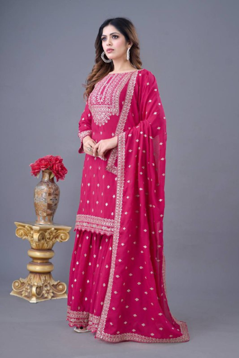 Embroidered Rani Heavy Chinon Silk Sharara Dupatta Set