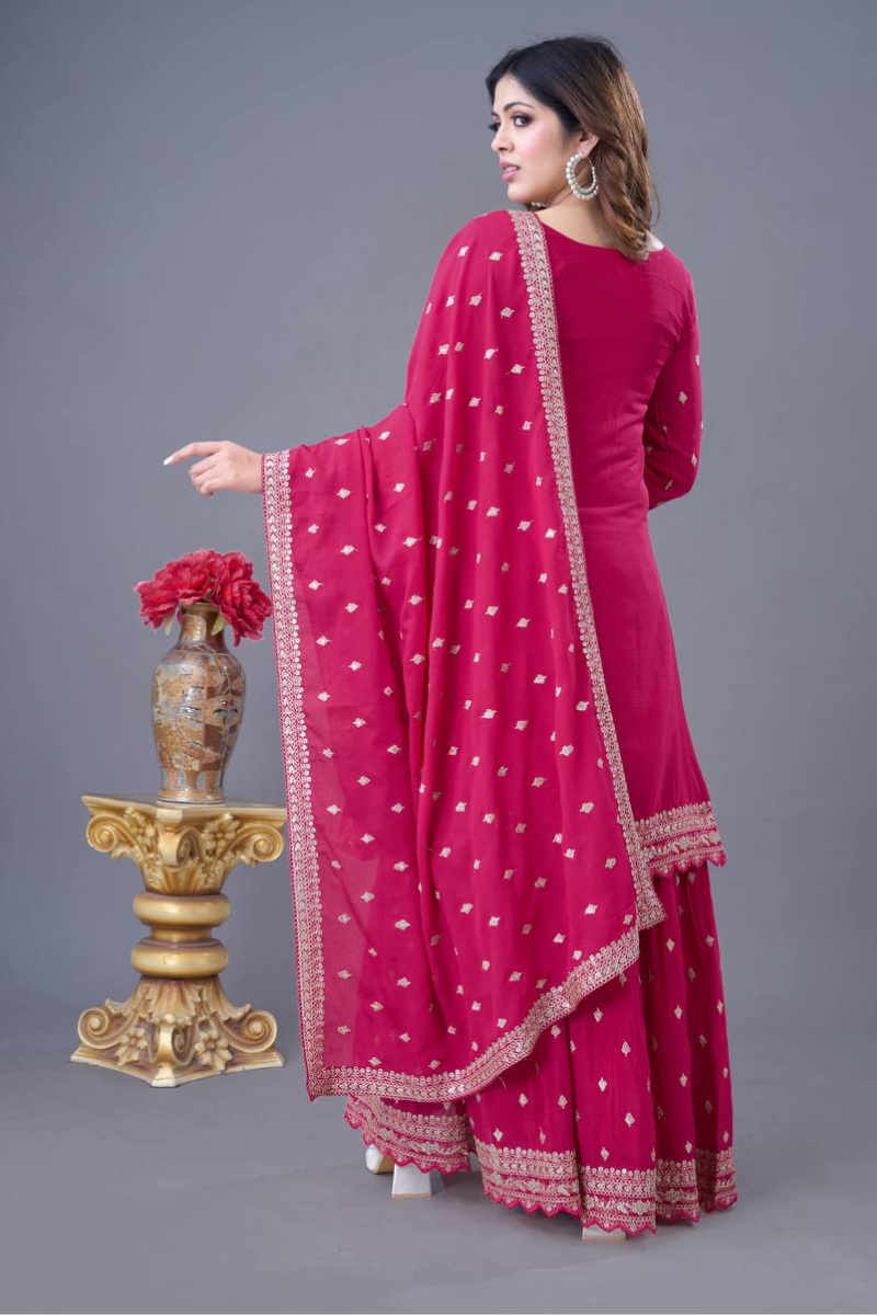 Embroidered Rani Heavy Chinon Silk Sharara Dupatta Set