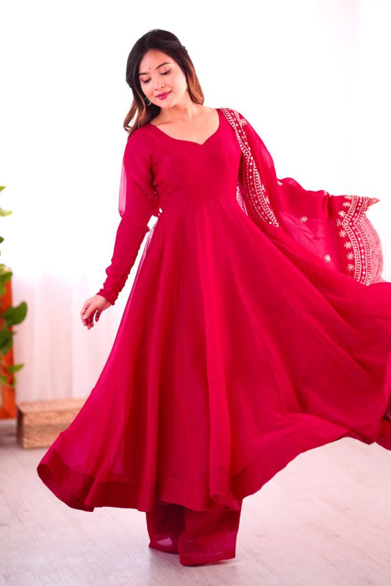 Embroidered Rani Heavy Fandy Silk Anarkali Dupatta Suit Set