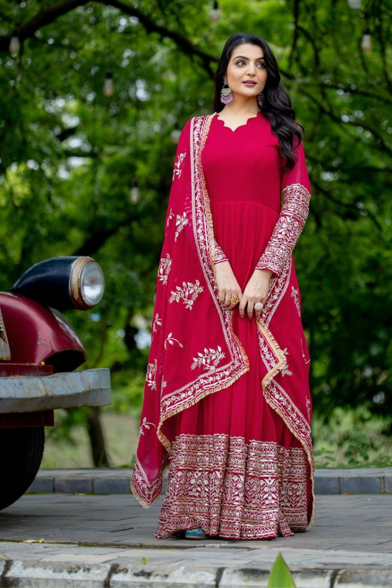 Heavy Faux Rani Georgette Dress with Embroidered Dupatta