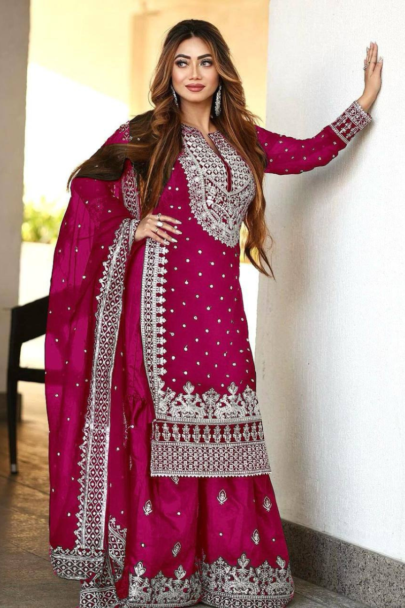 Rani Heavy Faux Georgette Kurta Dupatta Sharara Suit Set