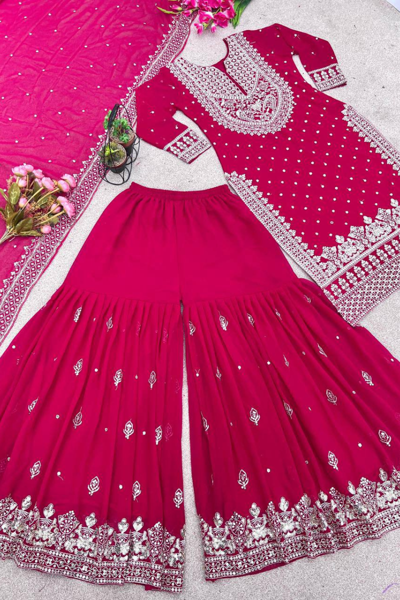 Rani Heavy Faux Georgette Kurta Dupatta Sharara Suit Set