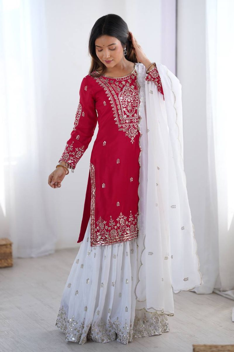 Embroidered Rani Heavy Pure Chinnon Sharara Dupatta Suit Set