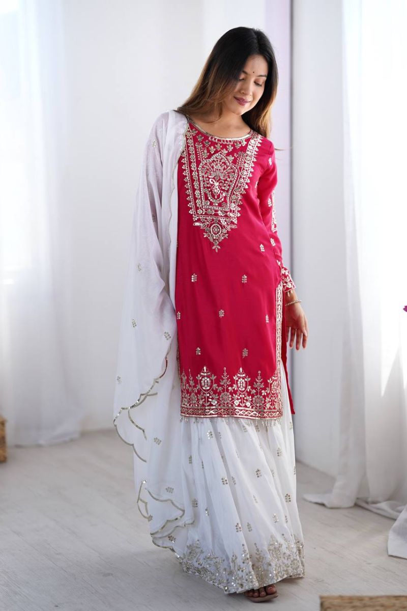 Embroidered Rani Heavy Pure Chinnon Sharara Dupatta Suit Set