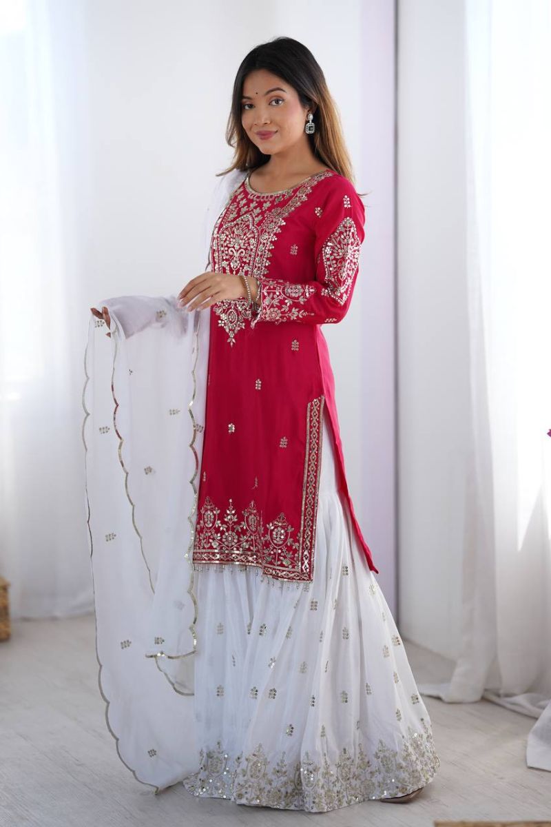 Embroidered Rani Heavy Pure Chinnon Sharara Dupatta Suit Set