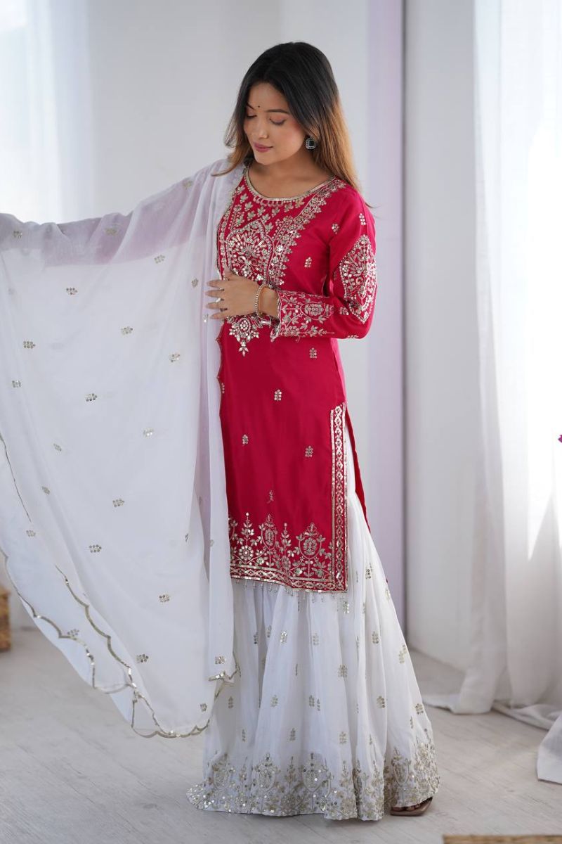 Embroidered Rani Heavy Pure Chinnon Sharara Dupatta Suit Set
