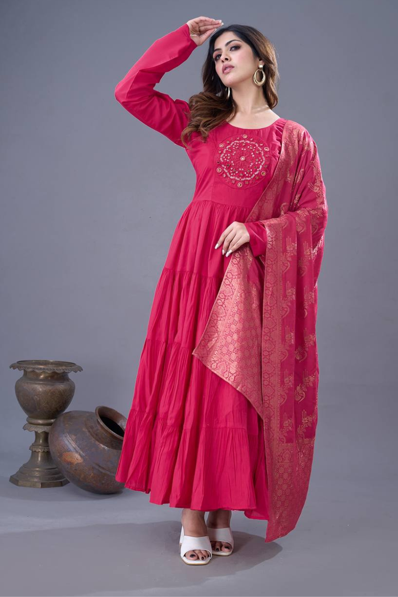 Rani Heavy Roman Silk Gown With Pant And Dupatta