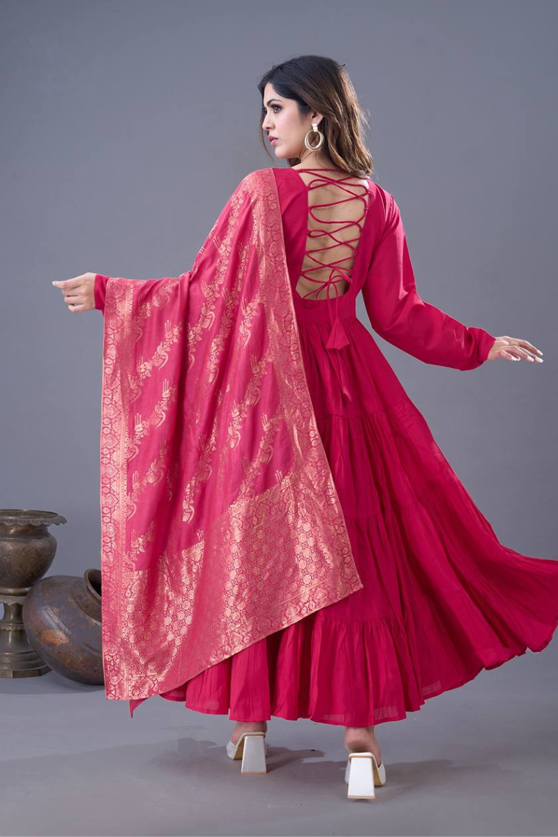 Rani Heavy Roman Silk Gown With Pant And Dupatta