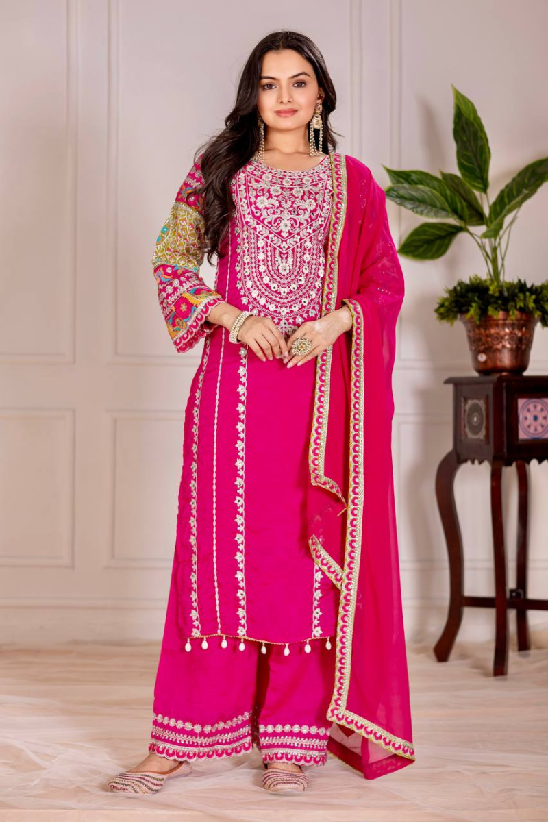 Rani Heavy Vichitra Silk Kurta Dupatta Pant Suit Set