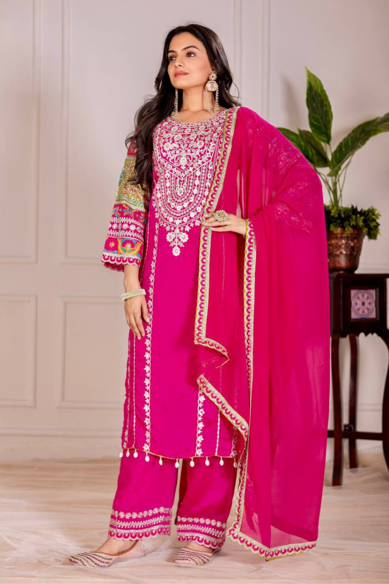 Rani Heavy Vichitra Silk Kurta Dupatta Pant Suit Set