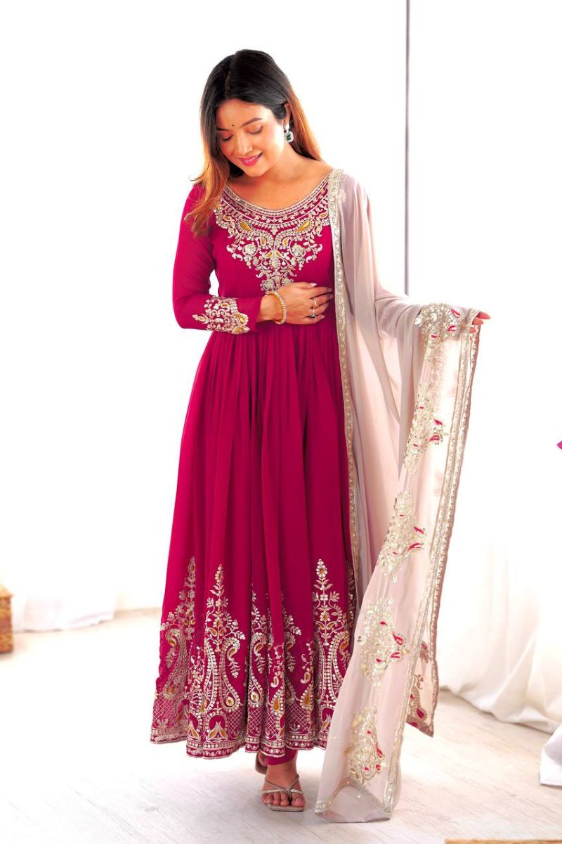 Anarkali Gown in Rani Pink Heavy Georgette with Dupatta Pant Set