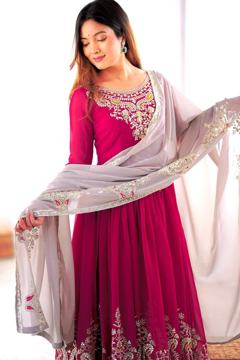 Anarkali Gown in Rani Pink Heavy Georgette with Dupatta Pant Set