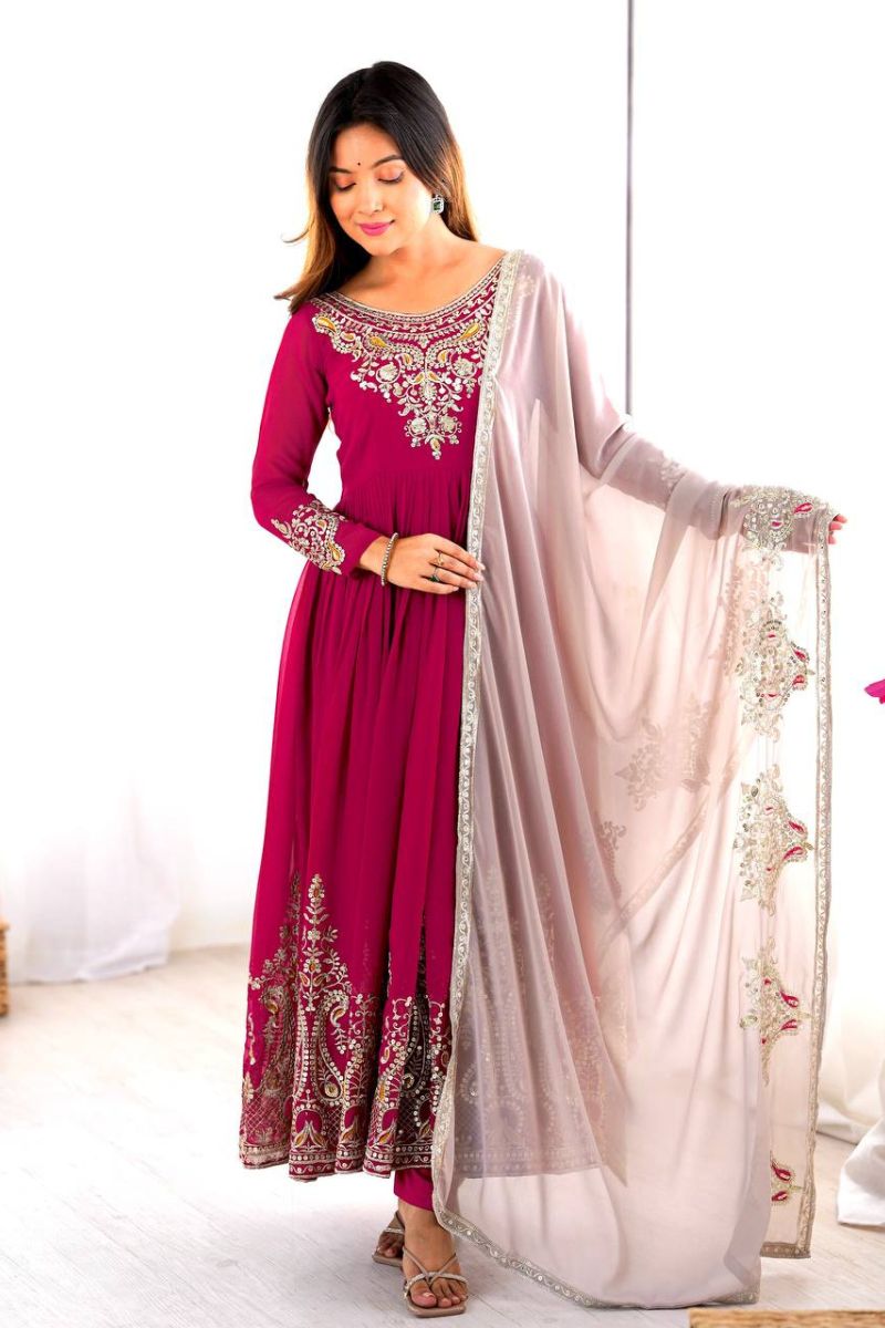 Anarkali Gown in Rani Pink Heavy Georgette with Dupatta Pant Set