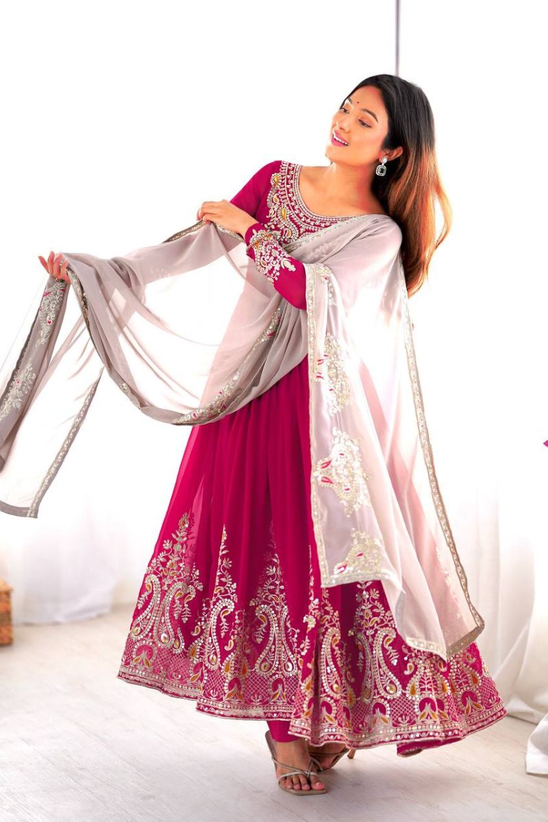 Anarkali Gown in Rani Pink Heavy Georgette with Dupatta Pant Set