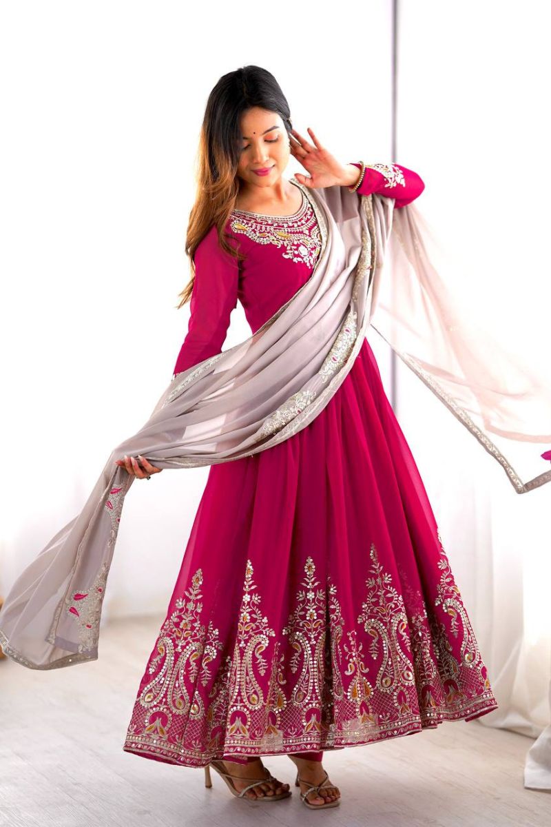 Anarkali Gown in Rani Pink Heavy Georgette with Dupatta Pant Set
