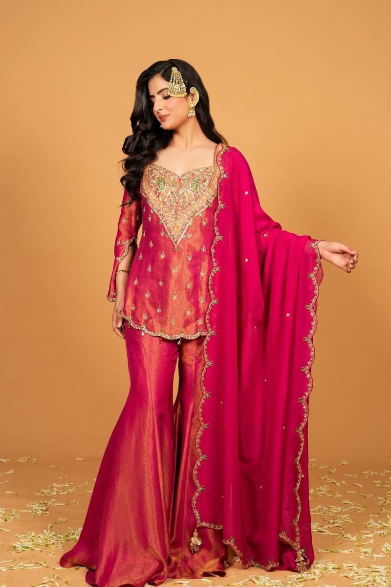 Embroidered Heavy Simar Silk Sharara Dupatta Set in Rani Pink