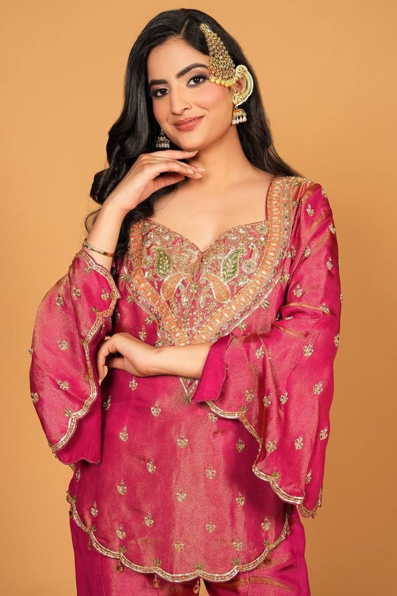 Embroidered Heavy Simar Silk Sharara Dupatta Set in Rani Pink