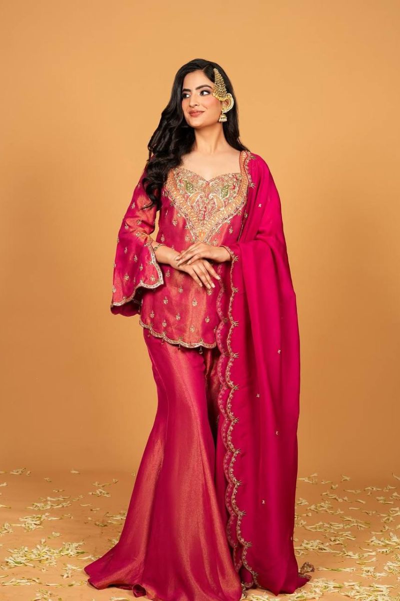 Embroidered Heavy Simar Silk Sharara Dupatta Set in Rani Pink