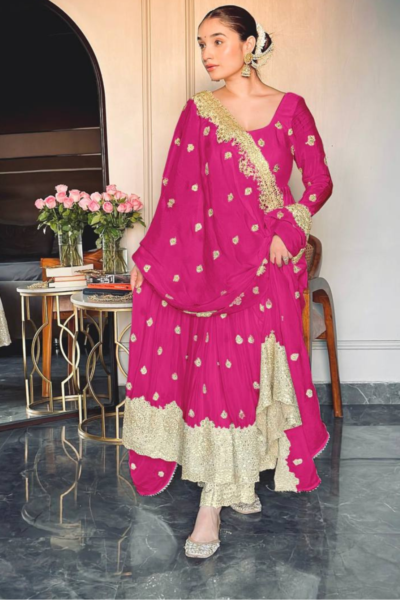 Rani Anarkali Gown with Dupatta Suit Set in Pure Chinon Silk