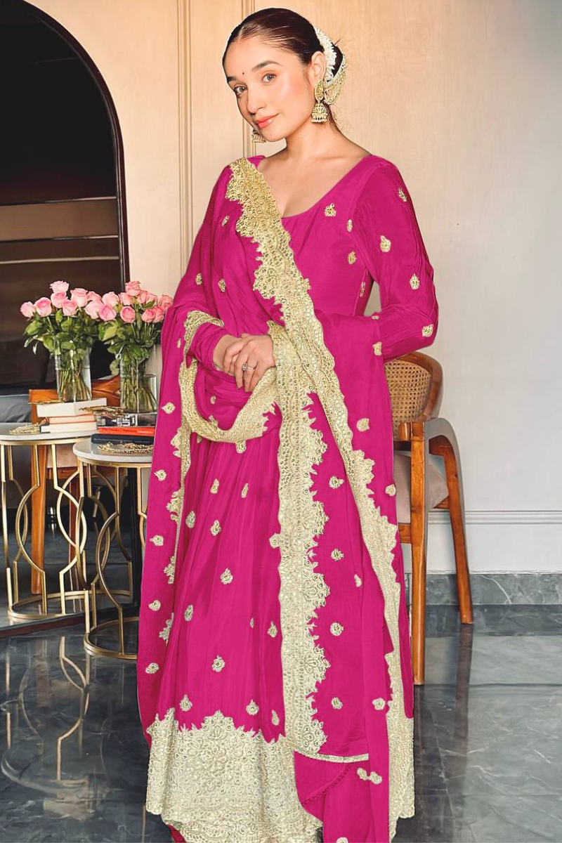 Rani Anarkali Gown with Dupatta Suit Set in Pure Chinon Silk