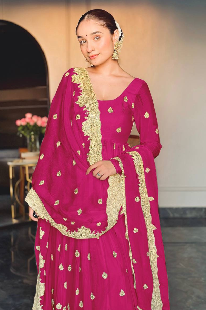 Rani Anarkali Gown with Dupatta Suit Set in Pure Chinon Silk