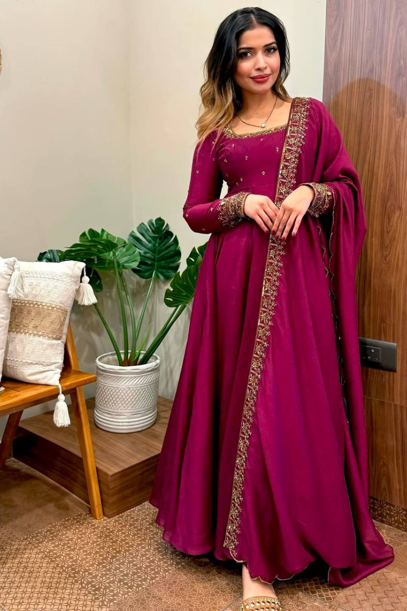 Rani Gown Pant Dupatta Suit Set in Pure Vichitra Silk