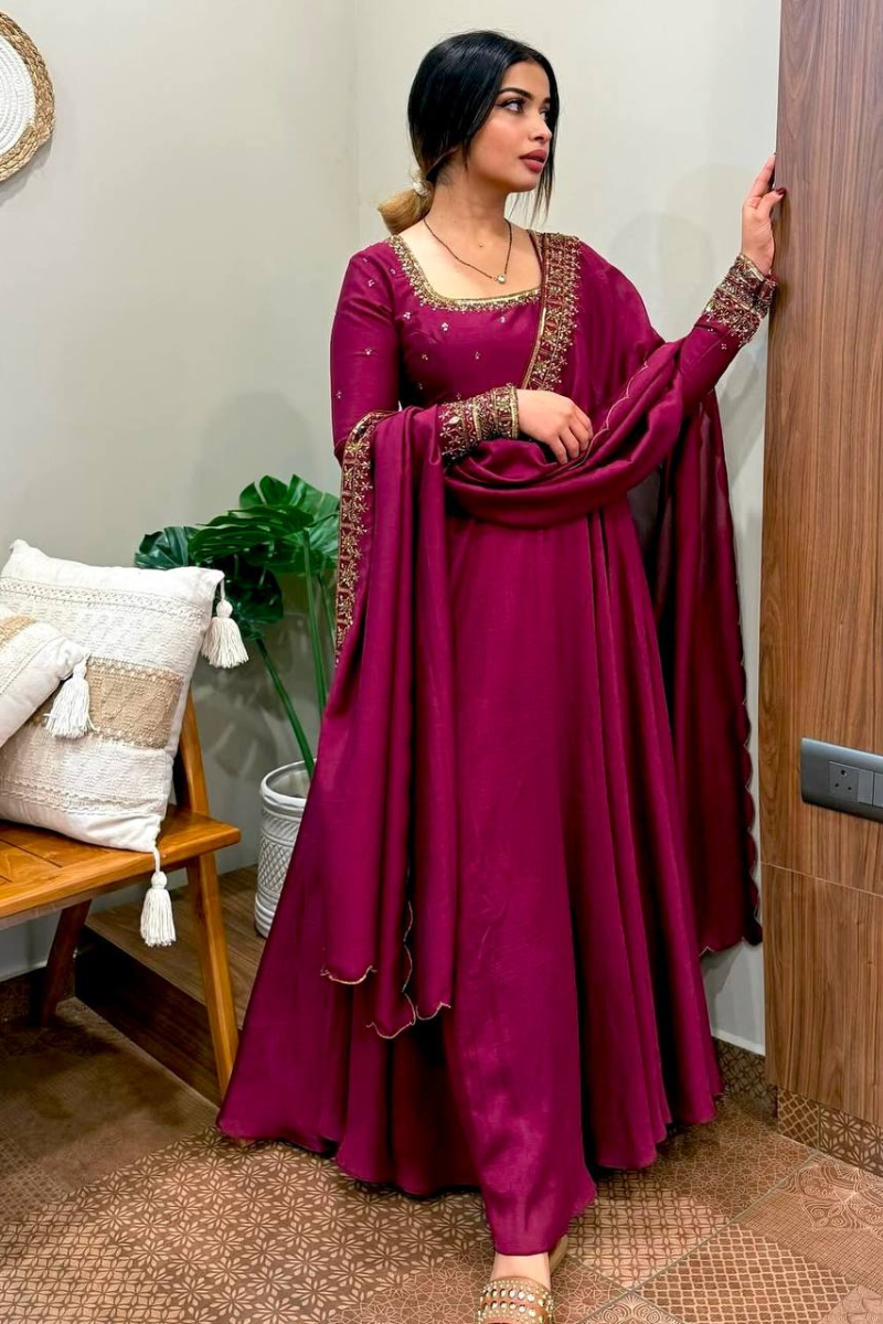 Rani Gown Pant Dupatta Suit Set in Pure Vichitra Silk